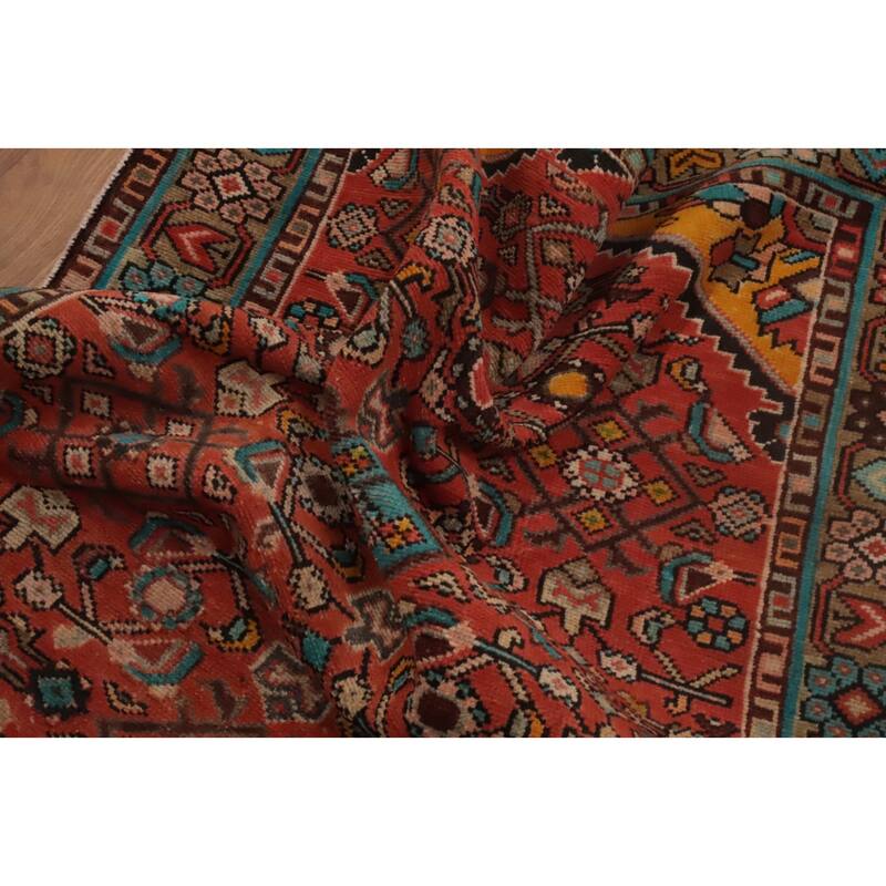 Hand Knotted Oriental 100% Wool Carpet Traditional Geometric Oranges & Rust Hamedan Runner Rug - 10' 4'' X 3' 7''