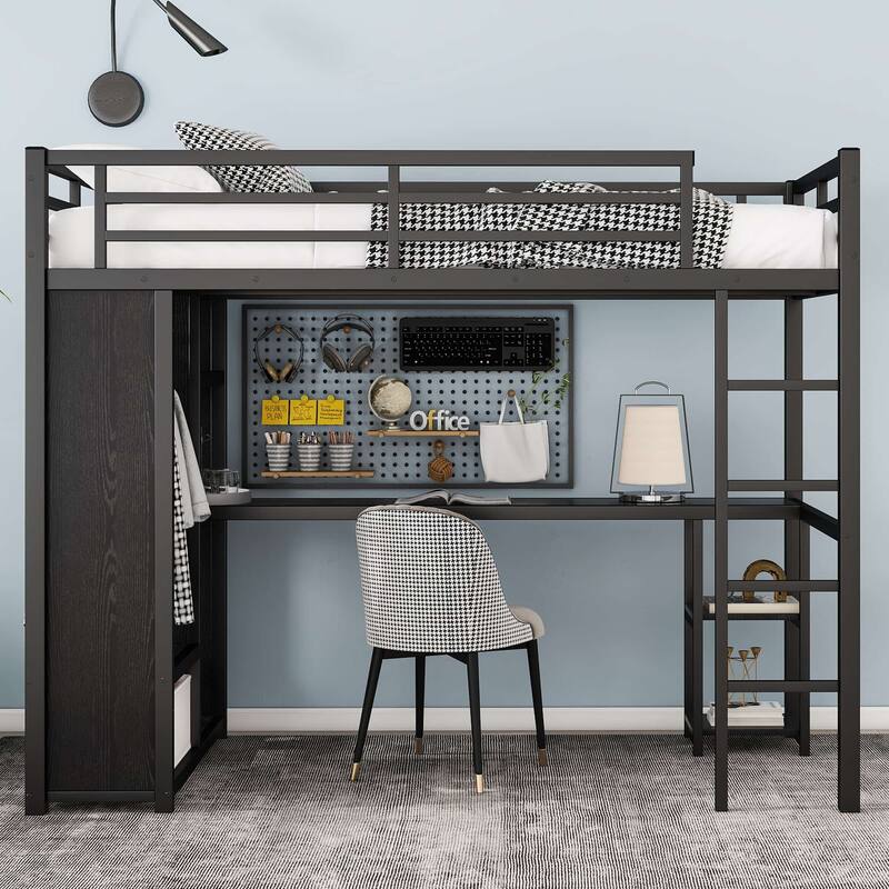 Black Metal Loft Bed Frame with Built-in Wardrobe, Desk and Shelves