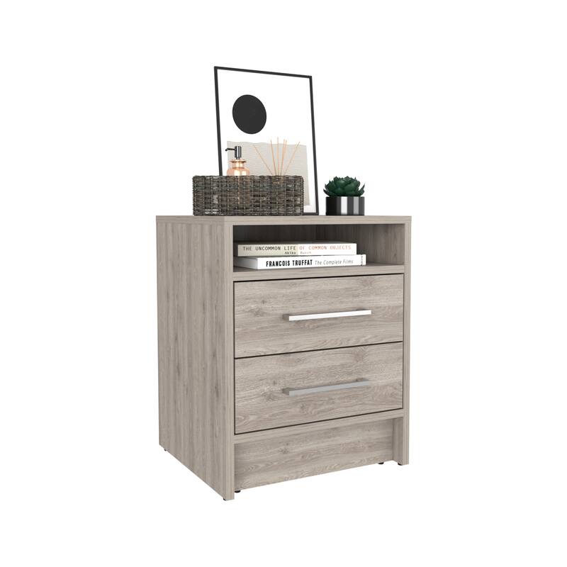 Light Gray Nightstand with Two Drawers and Open Shelf, Metal Handles
