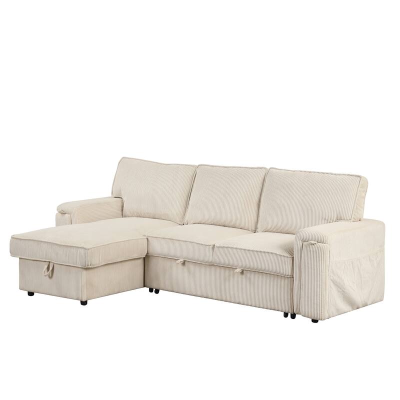 96.1" Polyester Sleeper Sectional Sofa with Storage Bags, Cup Holders and Fold-Out Twin Bed