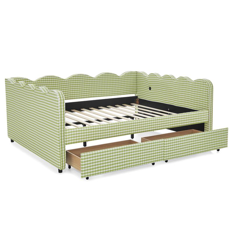 Full/Queen Gingham Daybed with 2 Storage Drawers, USB Port & Wave Shaped Linen Fabric