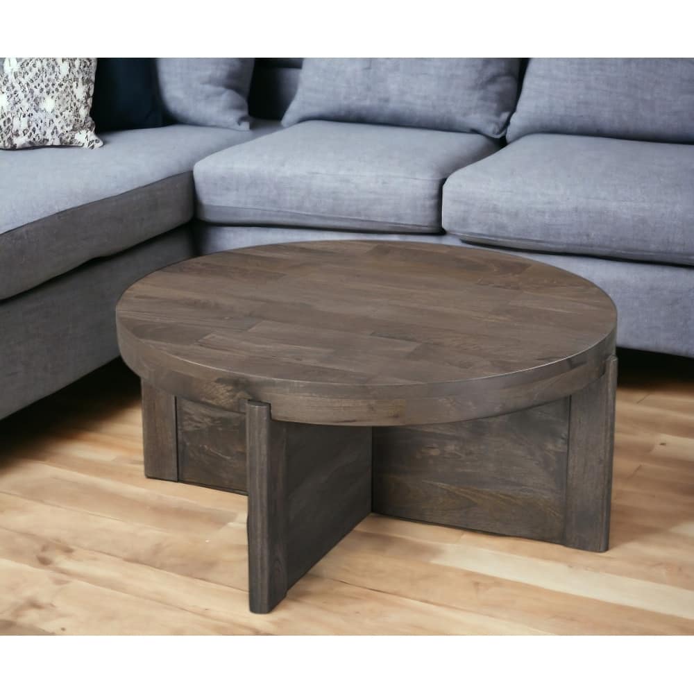 HomeRoots 36" Brown Solid Wood Round Cross Legs Coffee Table - 36' X '16' X '36
