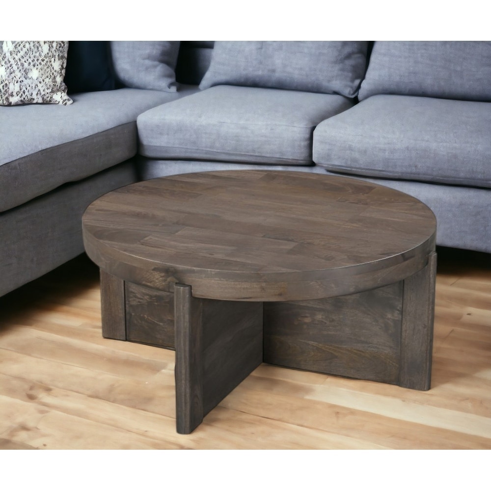 HomeRoots 36" Brown Solid Wood Round Cross Legs Coffee Table - 36' X '16' X '36