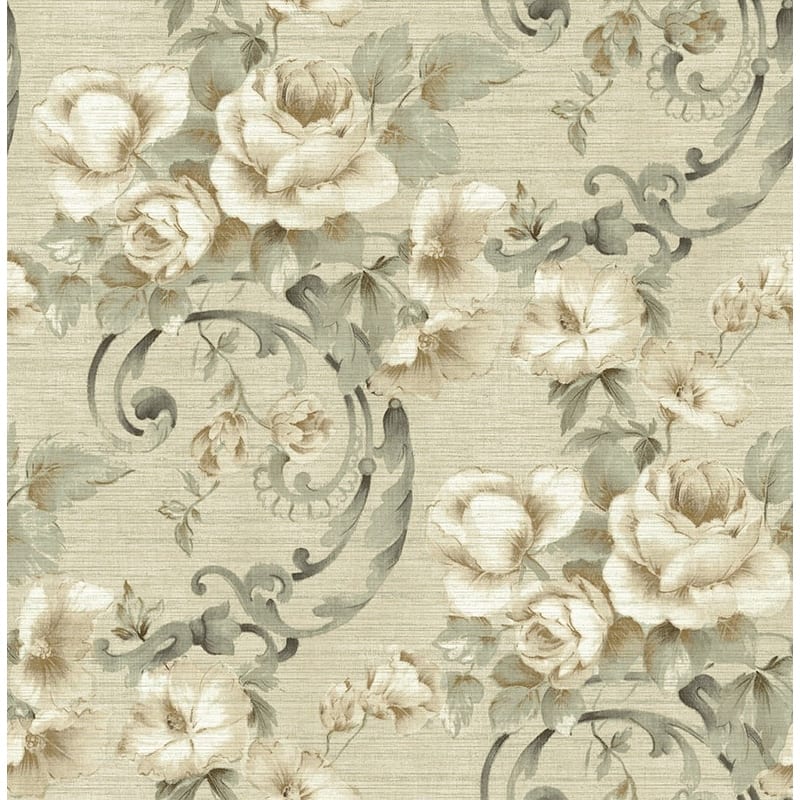 Seabrook Design Hera Floral Scroll Unpasted Wallpaper - 20.5 in W x 33 ft. L - Metallic Parchment & Moss
