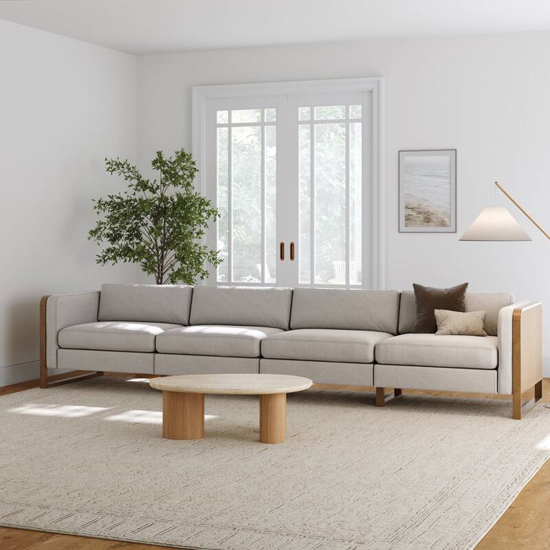Madison Modern Upholstered Modular Sofa or Couch for Living Room with Solid Wood Legs - 4-Seater Sofa - Gray/Light Brown/Rattan