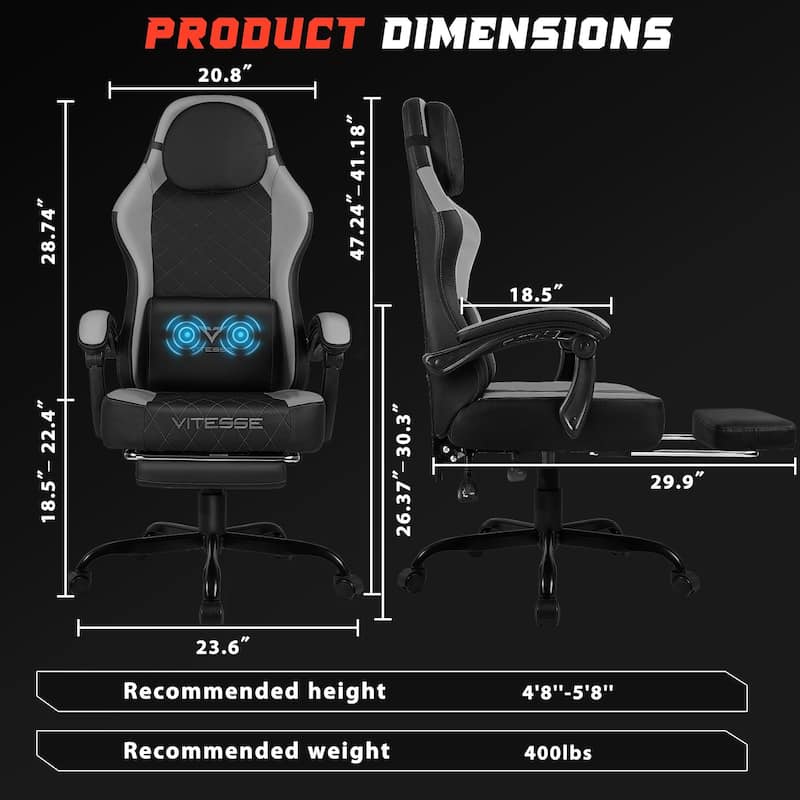 BOSSIN Ergonomic Gaming Chair – 400 lbs Support, PC/Racing Office Chair with Adjustable Swivel, Lumbar Vibration & Headrest