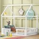 preview thumbnail 1 of 12, Full Size Kids House Bed Frame with Roof, Openable Door & Guardrail, Distressed White Wooden Playhouse Style Platform Bed White