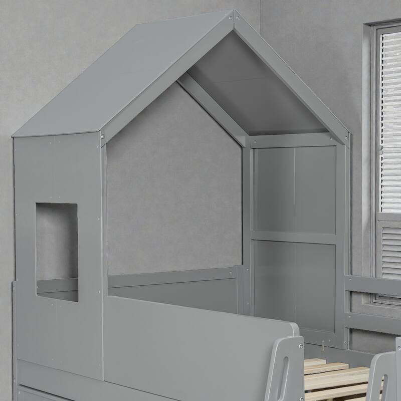 Twin Wooden Loft Bed with Rolling Desk, Storage Drawers and Cabinets, House Style Kids Loft Bed with Stairs