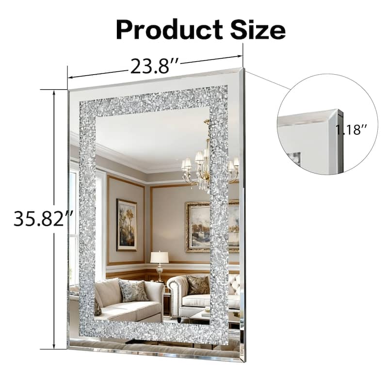 GDFStudio - Crystal Crush Diamond Rectangular Silver Wall Mirror - 36 x 24 Inch