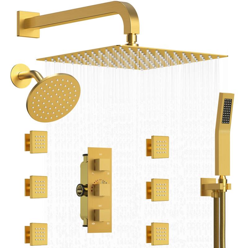 Thermostatic Dual Shower System 12" and 6" Rainfall Shower Head with 6 Body Jets & Handheld Shower