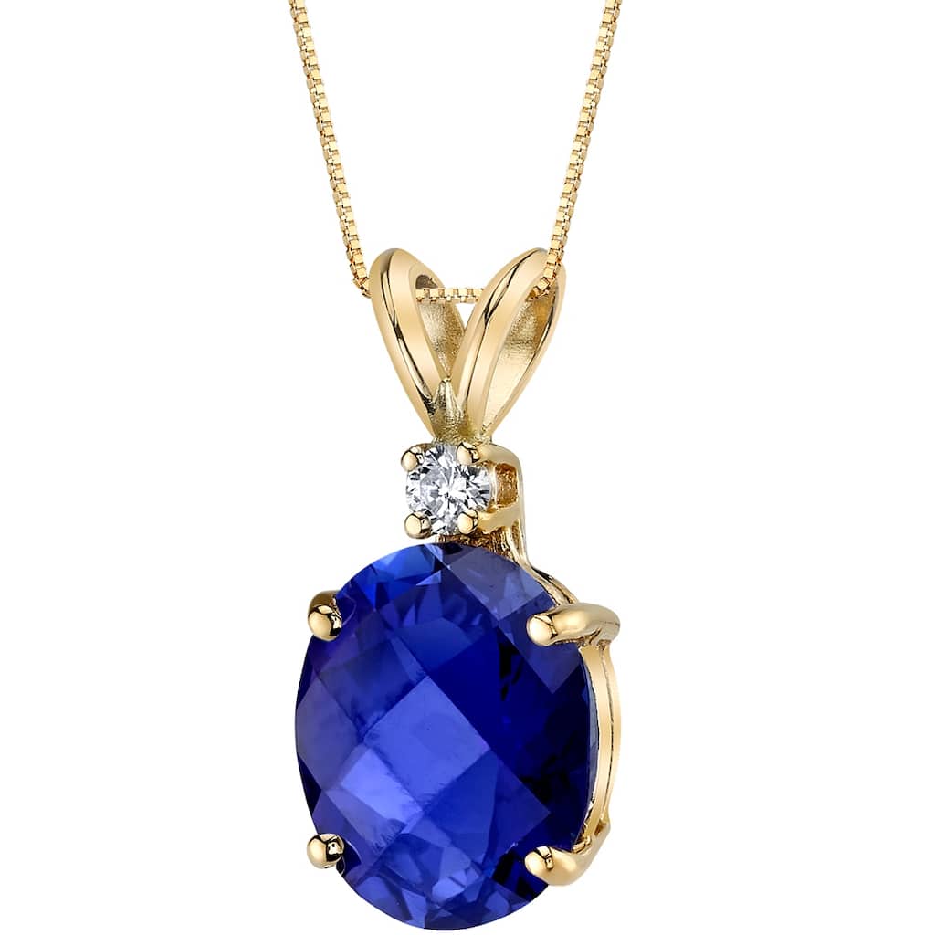Oravo 14k Yellow Gold 3.50 ct Oval Shape Created Blue Sapphire Diamond Pendant
