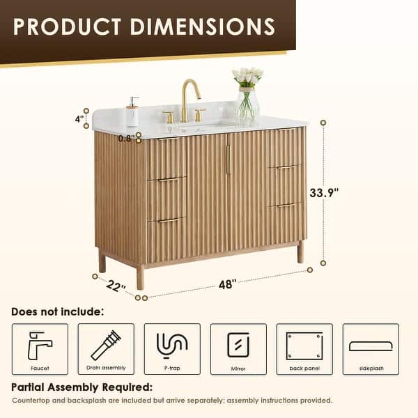 dimension image slide 2 of 4, Sierra Bathroom Vanity in Washed Light Brown with Grain White Engineered Stone Countertop without Mirror