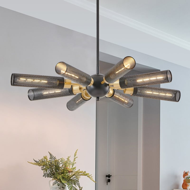 34" Contemporary Sputnik Chandelier - 8-Light with Wire Mesh Shades, Adjustable Hanging Fixture(No Bulbs). - Black