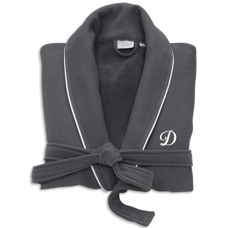 Authentic Hotel and Spa Dark Grey Unisex Turkish Cotton Waffle Weave Terry Bath Robe with White Script Monogram - Small/Medium - D