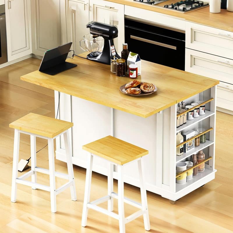 48" Rolling Kitchen Island with Drop Leaf, Power Outlet & 2 Bar Stools, Storage Cart with Drawers & Racks - With Stools-White