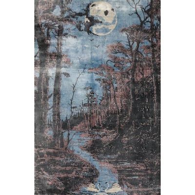 Hand Knotted Oriental Viscose Silk Carpet Modern Pictorial Navy Blue & Blues Abstract Area Rug - 6' 4'' X 4' 8''