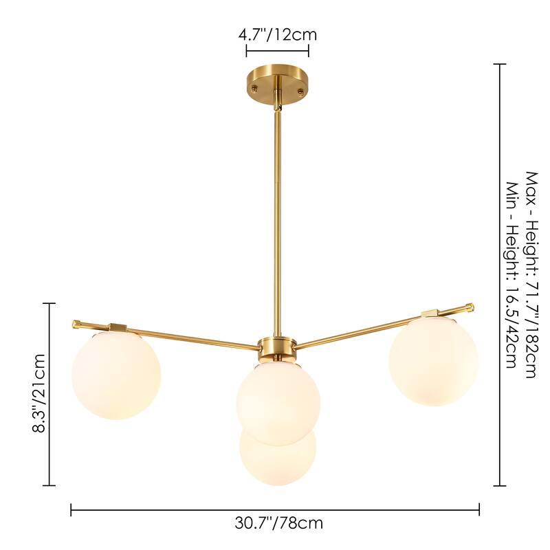 4-Light Mid-Century Modern Gold Metal Globe Pendant Light - Frosted Glass Sphere Fixture for Dining Room - 4 Light