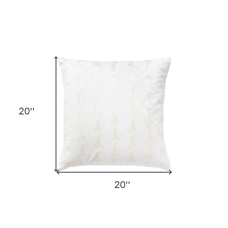 HomeRoots 20" White Botanical Stripe Cotton Throw Pillow With Embroidery