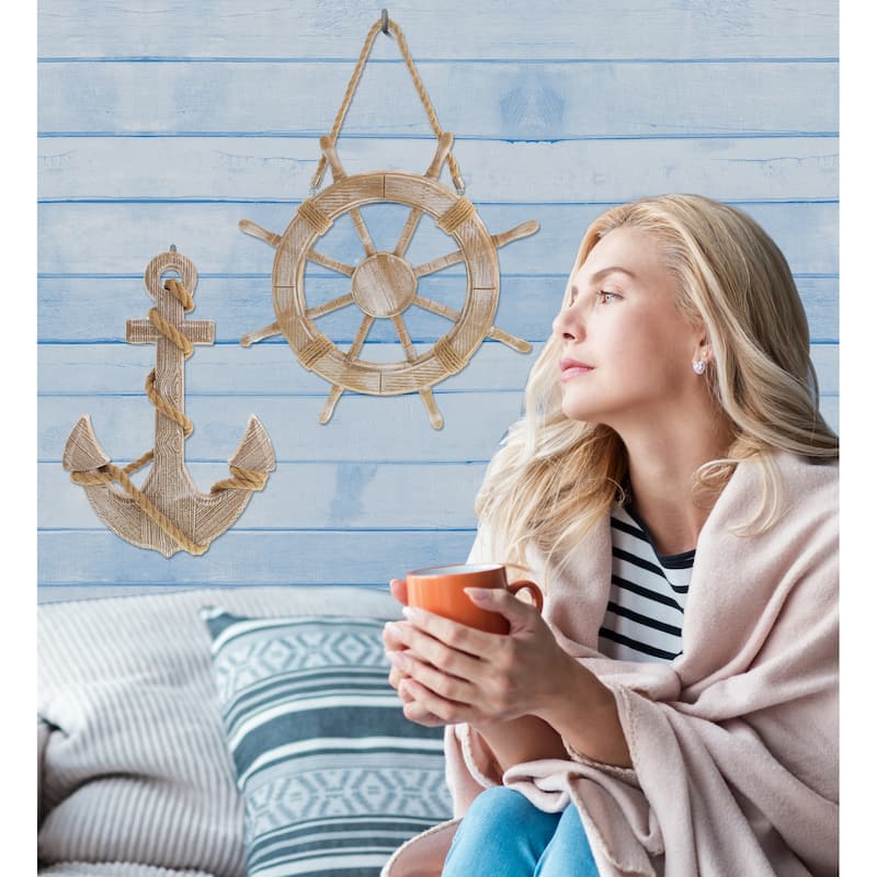 CoTa Global Baja Beach Wall Decor Anchor and Ship Wheel Set with Ropes - 18 Inches
