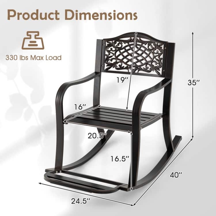 Antique Brown Cast Aluminum Rocking Chair Outdoor Patio Seat - 40" x 24.5" x 35"