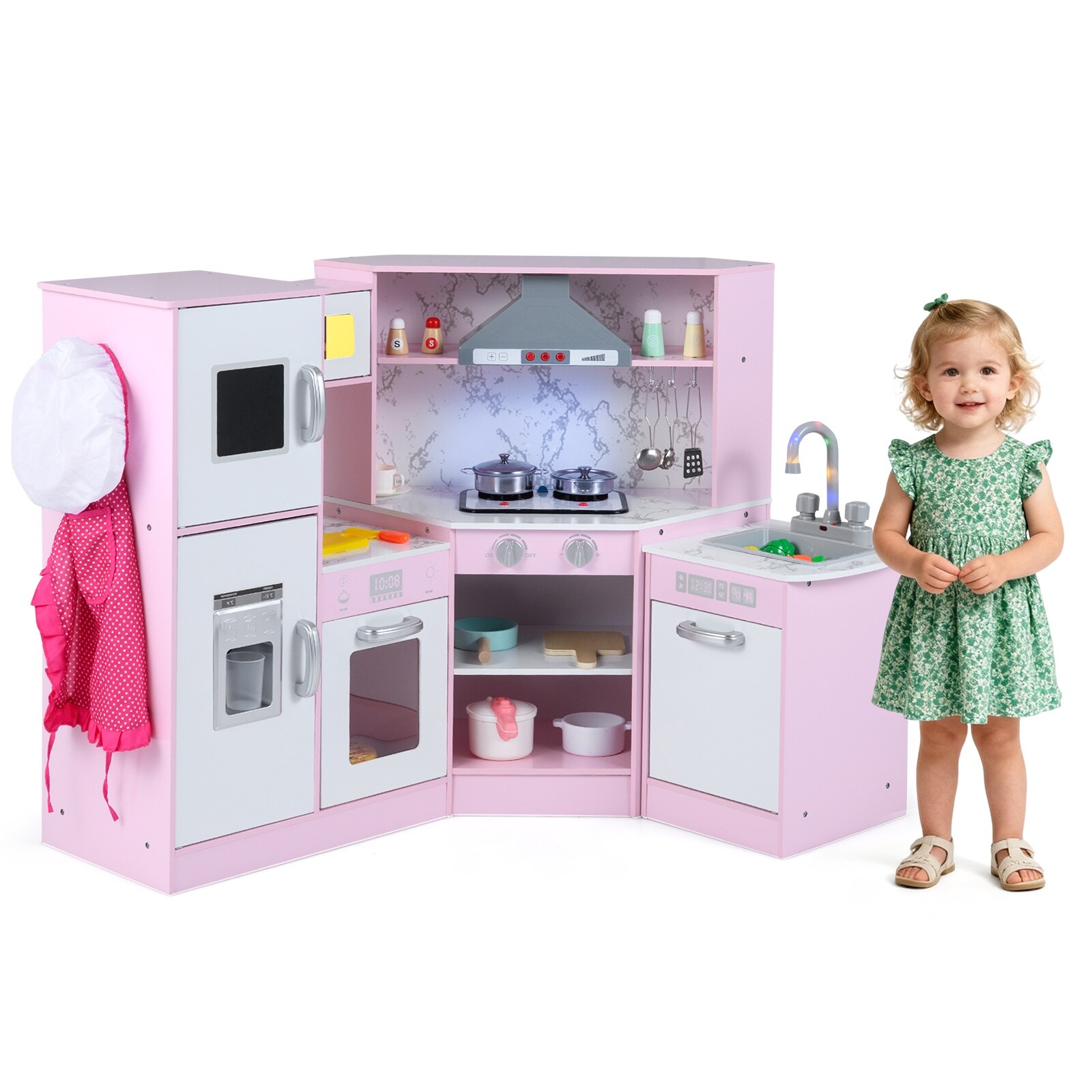 Corner Kids Play Kitchen Set with Lights, Ice Maker, Dishwasher