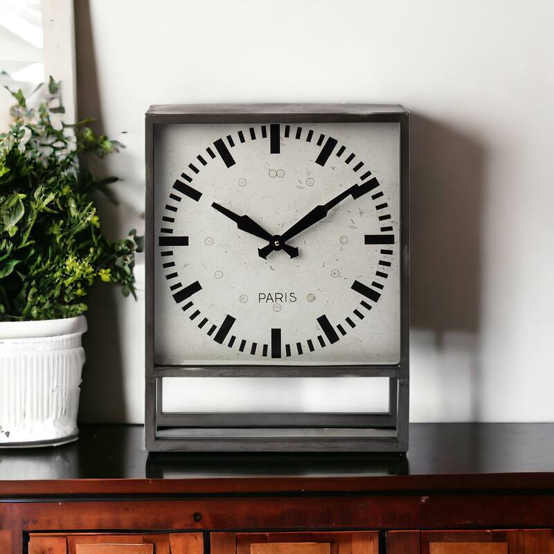 HomeRoots Square Gray Metal Desk Table Clock With Simple White And Black Face - 5' X '18' X '14.5 - 5' X '18' X '14.5