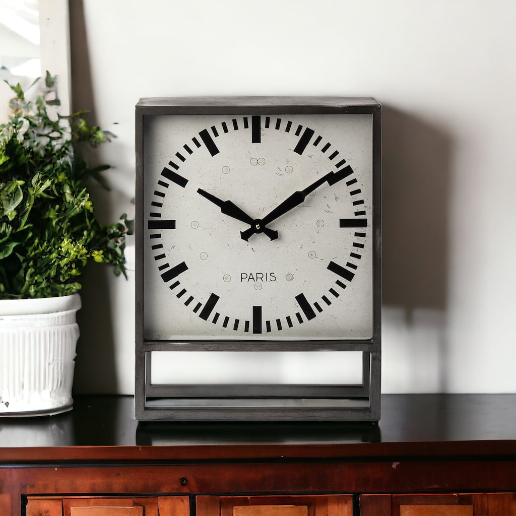 HomeRoots Square Gray Metal Desk Table Clock With Simple White And Black Face - 5' X '18' X '14.5