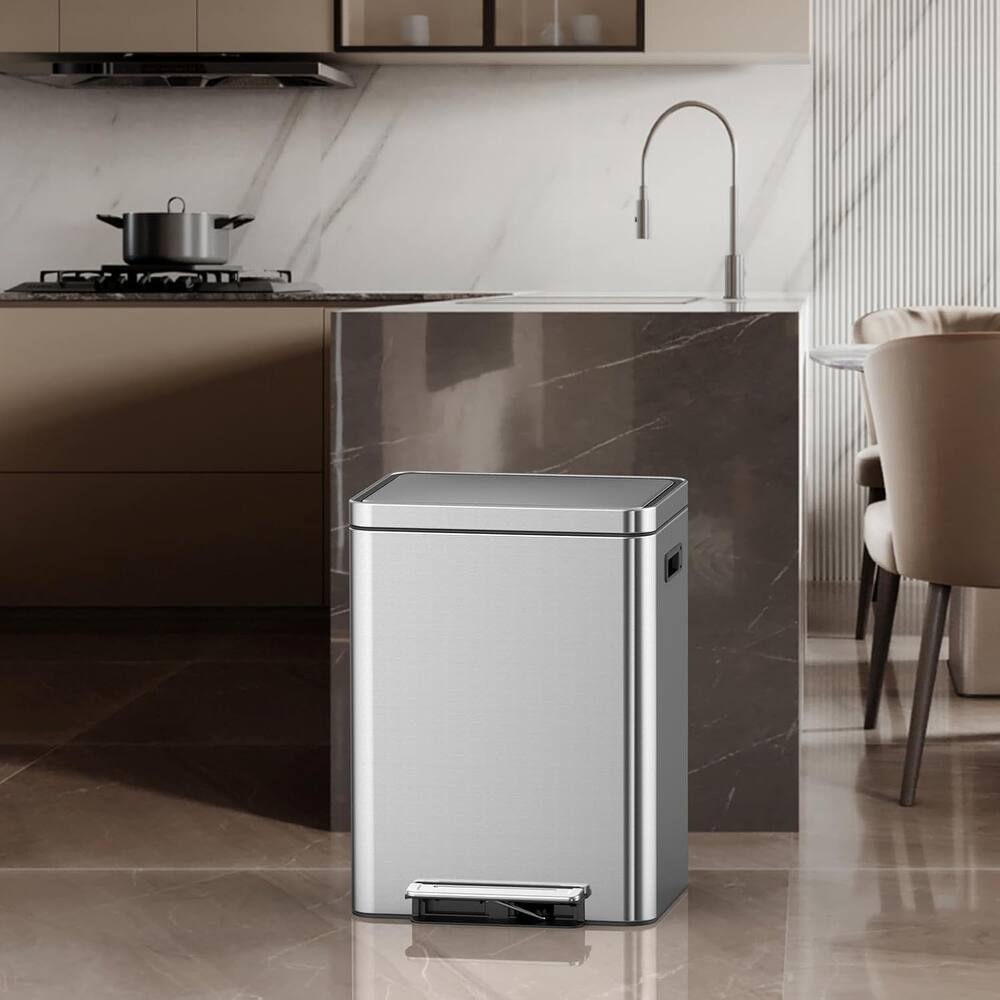 8 Gallon Dual Compartment Trash Can, Stainless Steel Garbage Can with Soft-Close Lid