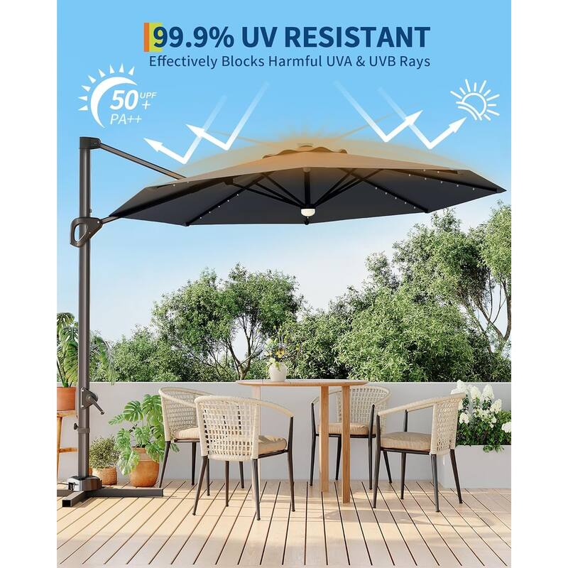 10FT Outdoor Cantilever Umbrella Patio Umbrella Solar LED with Base Included, 360-Degree Rotation