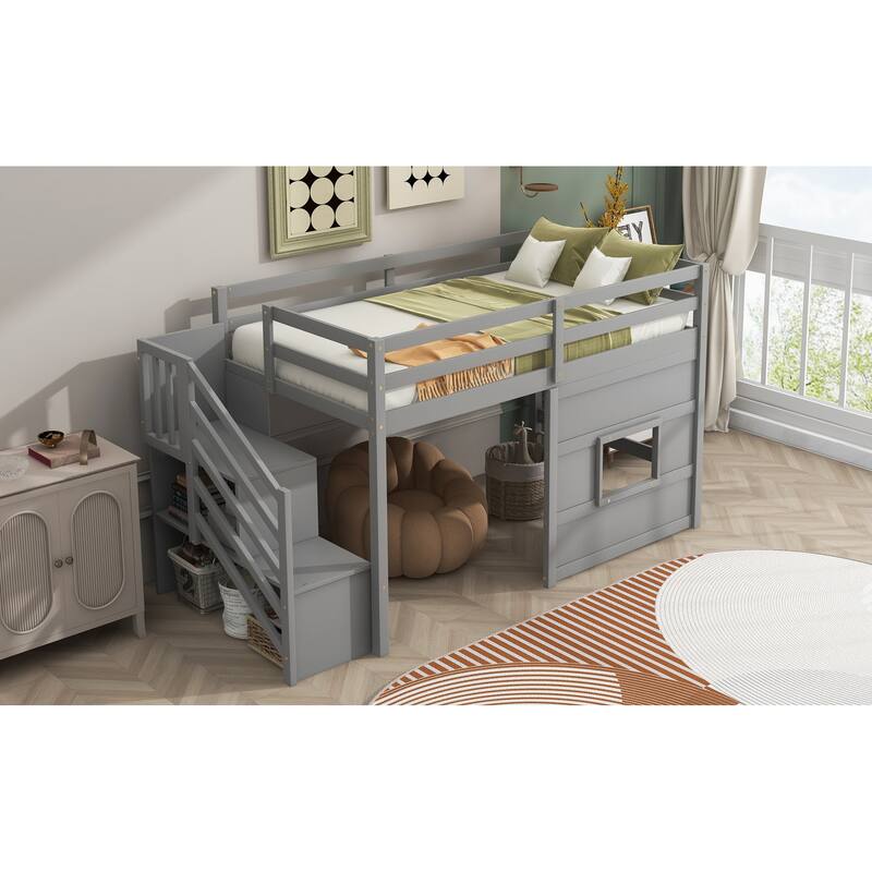 Twin Size Loft Bed with Storage Staircase and Underbed Window