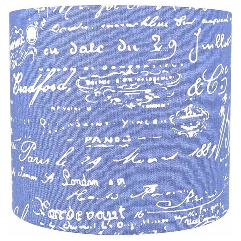 Classic Drum Linen Lamp Shade, 8" to 16" Bottom Size - 8" - Blue, White Script