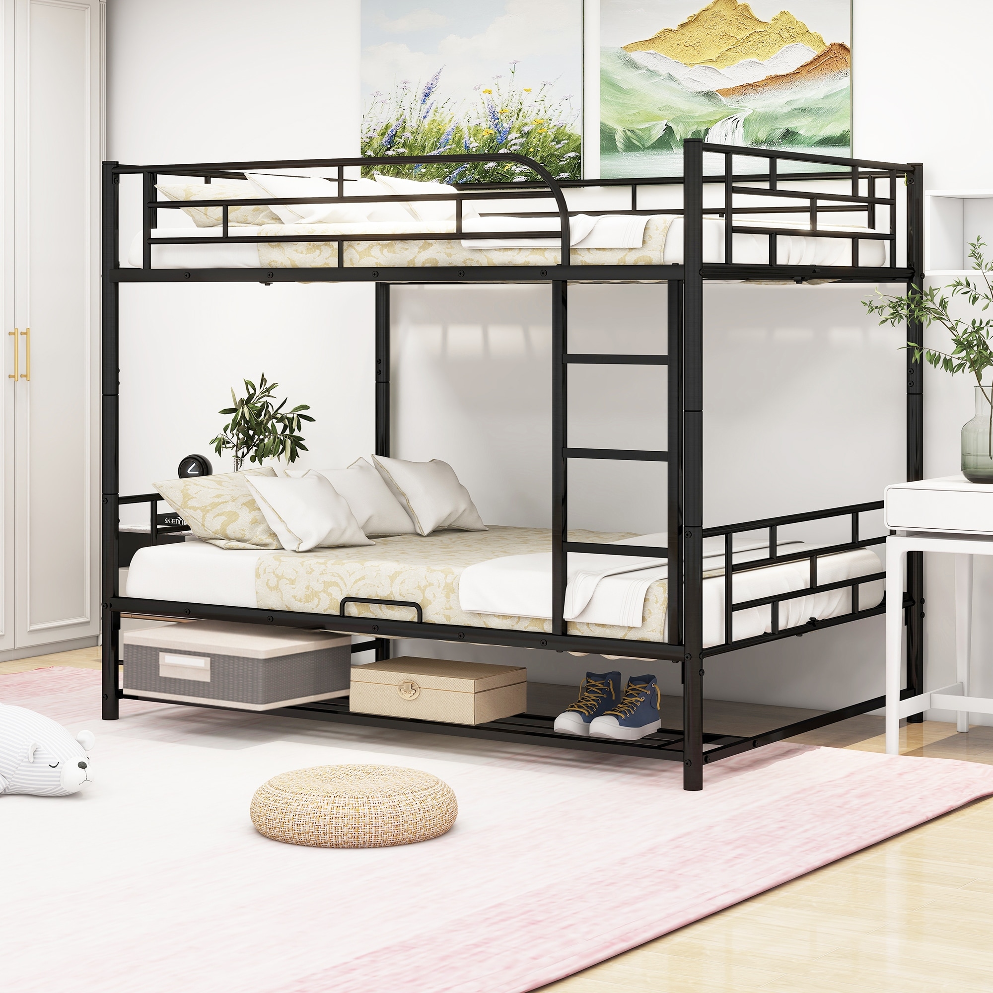 Twin Over Twin/Full Over Full Metal Bunk Bed with Shelf and Guardrails, Convertible Design, Black/White