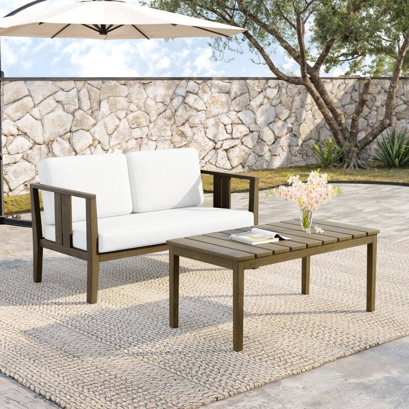 Teak Wood Water Resistant Outdoor Loveseat and Coffee Table Set (Set of 2)