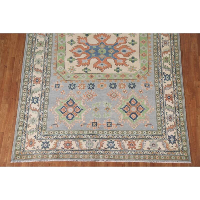 Hand Knotted Oriental 100% Wool Carpet Traditional Geometric Greys & Charcoal Kazak Area Rug - 9' 10'' X 6' 10''