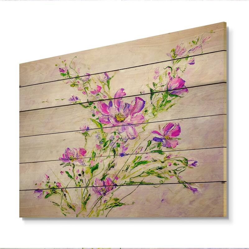 Designart 'Summer Natural Foliage Pink Bouquet II' Traditional Wood Wall Art - Natural Pine Wood