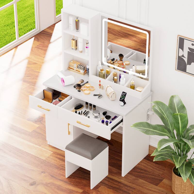 Makeup Vanity Desk with Mirror & Lights, Dressing Table with Power Outlet, 3 Light Modes, Drawers and Storage Stool
