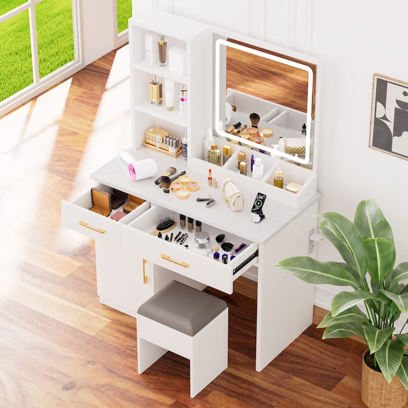 Makeup Vanity Desk with Mirror and Lights, Vanity Table with Power Outlet and 3 Lighting Modes, Dressing Table Set with Stool