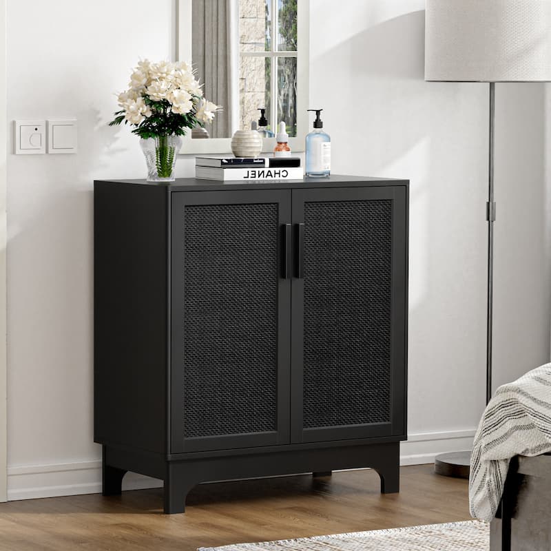 Anmytek Modern 2-Door Black Buffets Sideboards Rattan Kitchen Storage Cabinet with Adjustable Shelf - 31.5" W x 15.7" D x 35" H