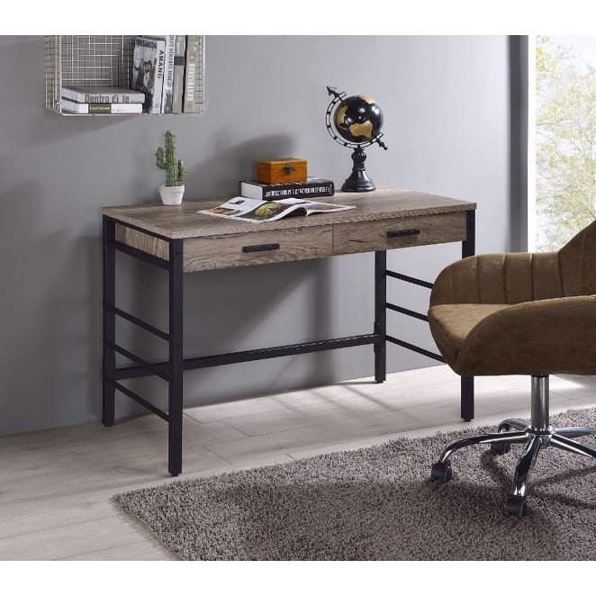 Contemporary Writing Desk with Built-In Plug and USB Ports, Weathered Oak Top, and Industrial Metal Frame