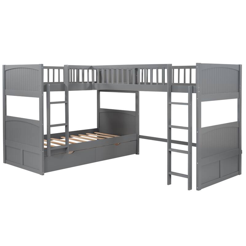 L Shaped Twin Size Bunk Bed with A Loft Bed attached, with 2 Drawers