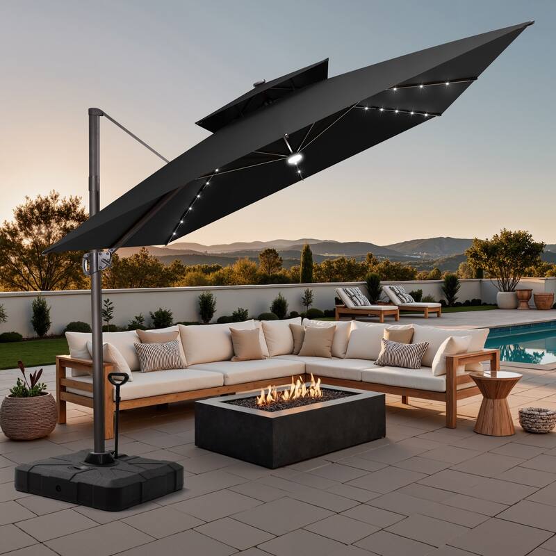 11 FT Square Outdoor Patio Cantilever Umbrella with Solar Lights Rod Wheel Base Double Canopy 360 Rotation Tilt - Black