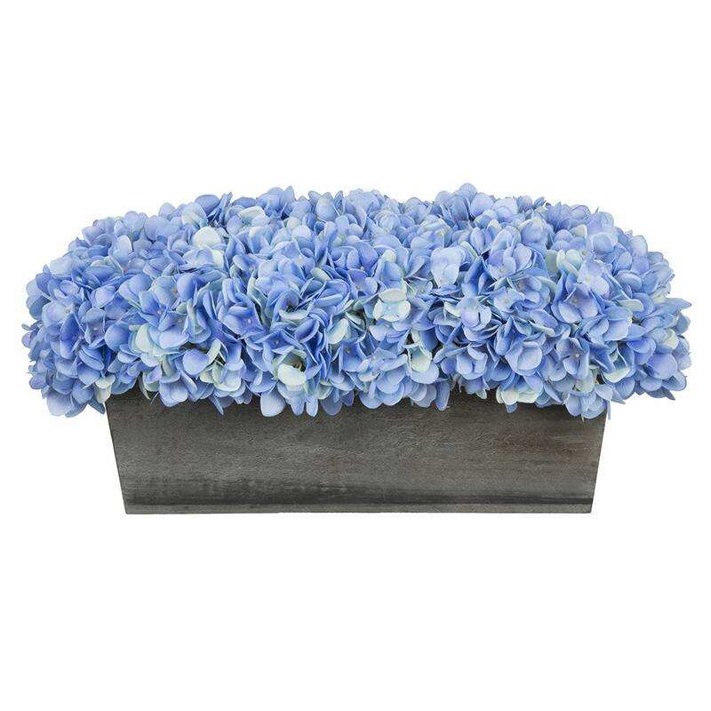 Faux Hydrangeas in Grey Wood Washed Ledge Planter - Blue