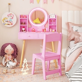 Wooden Kids Makeup Vanity Set Desk Dressing Table w/ Mirror & Stool