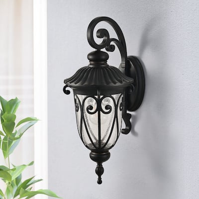 23" Timeless Outdoor Wall Lantern – Single Black Vintage Sconce with Bubble Glass Shade (No Bulb Included).