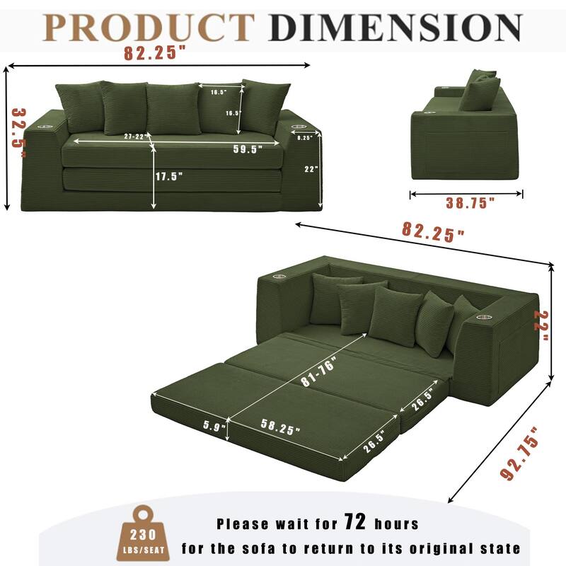 Modern Convertible Loveseat Sofa Bed, Corduroy Fabric Foldable Floor Couch w/5 Pillows, Side Pockets & Cup Holders, No Assembly
