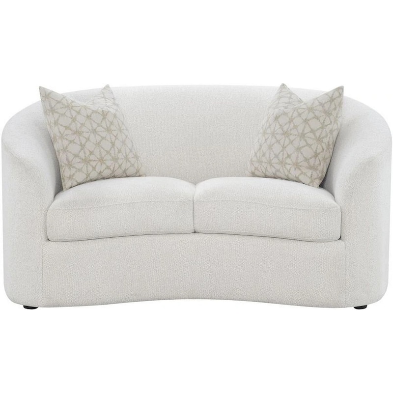 Tia 66 Inch Modern Curved Loveseat, 2 Throw Pillows, Cream Boucle Fabric