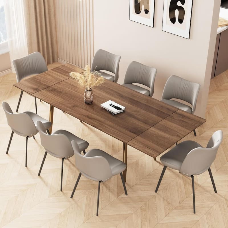 Modern Expandable Walnut Dining Table Adjustable from 62.9" to 94.4", Seats 8 to 10, with Sleek Stainless Steel Support Legs - Brown