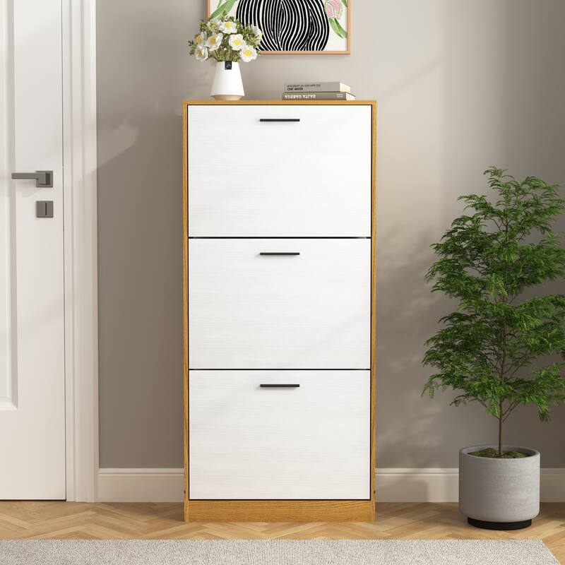 Compact Shoe Cabinet with 3 White Flip Drawers, Freestanding Organizer for Entryway, Living Room & Bedroom