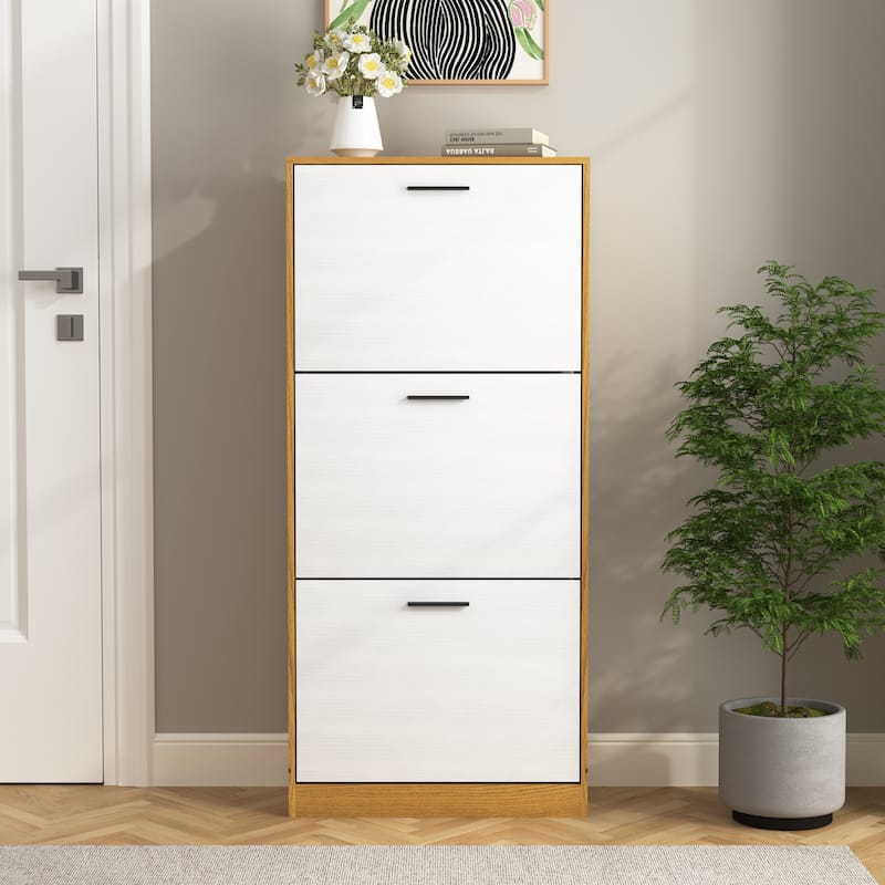 Shoe Storage Cabinet with 3 White Panel Flip Drawers, Freestanding Organizer for Entryway