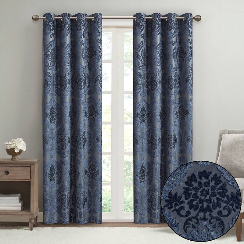 Knitted Jacquard Paisley Total Blackout Grommet Top Curtain Panel(Only 1 Pc Panel)